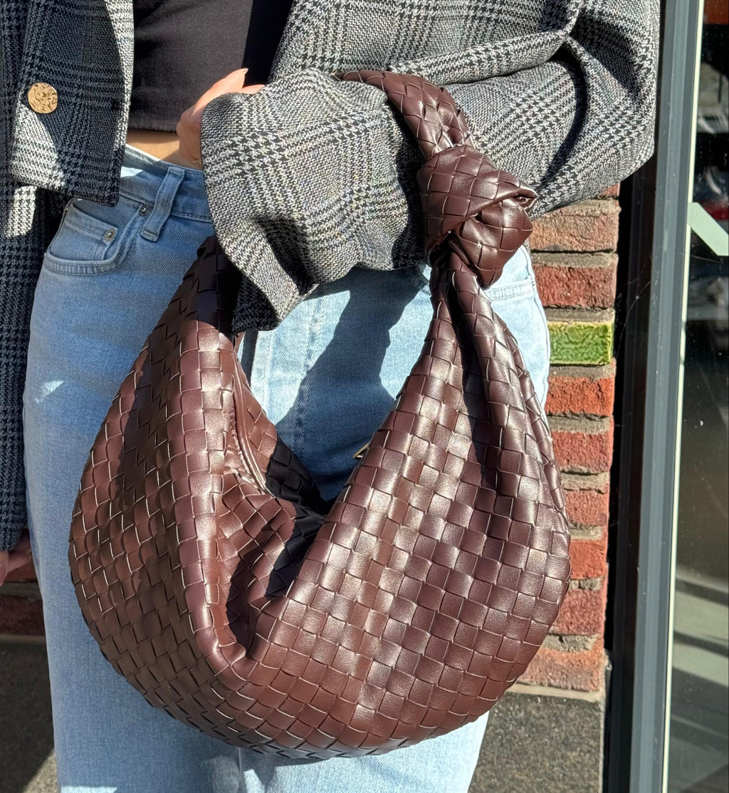 Woven Medium Handbag with Knot Detail | YARA (Dark Brown)