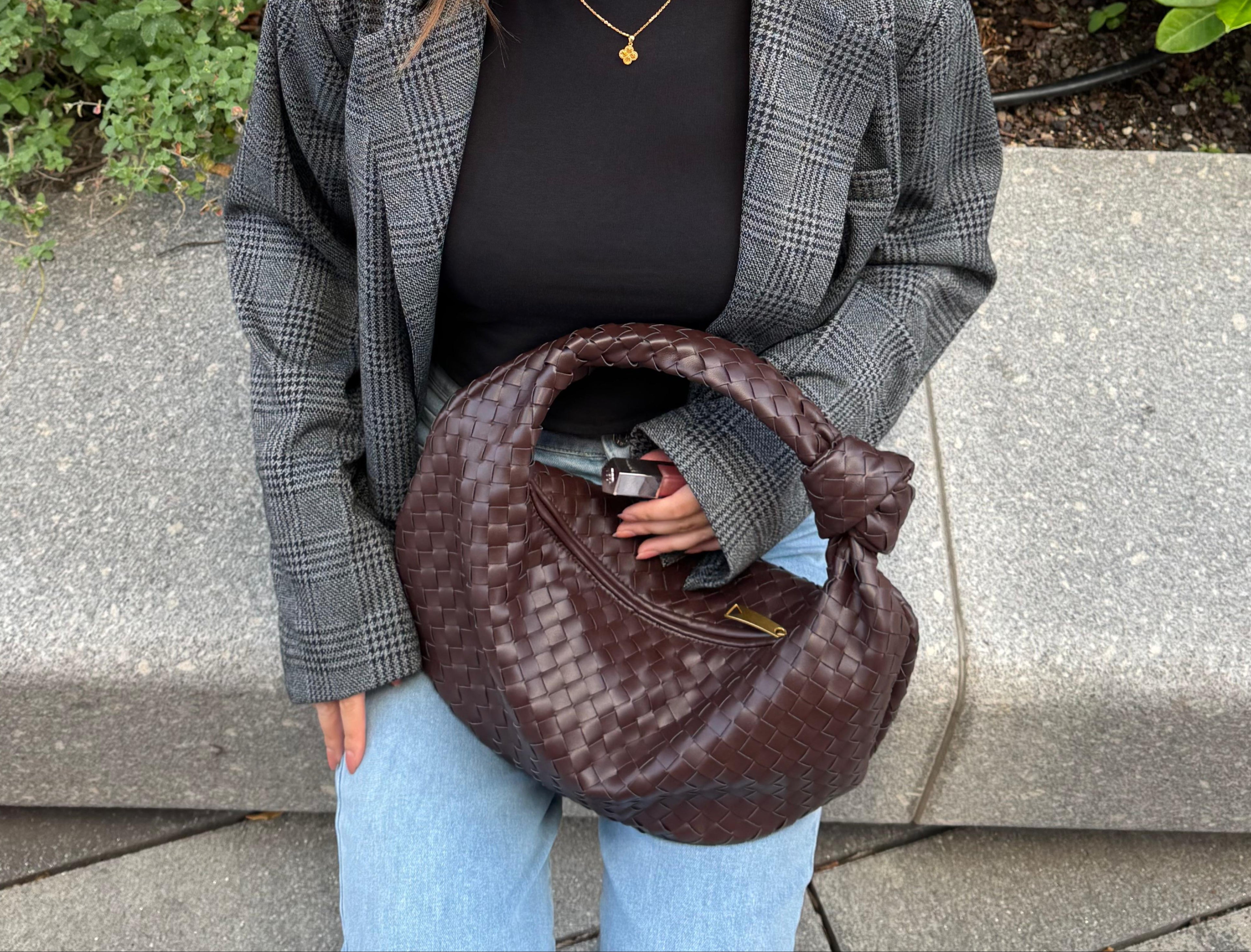 Woven Medium Handbag with Knot Detail | YARA (Dark Brown)